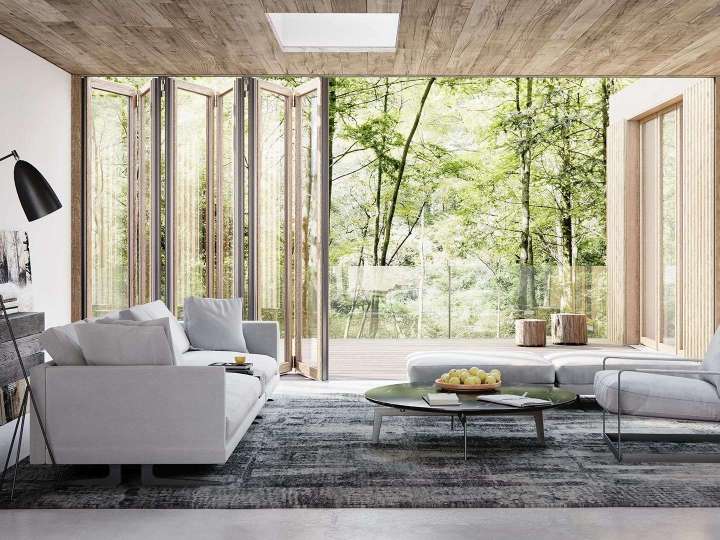 Solarlux Woodline Glas-Faltwand in einem modernen Wohnzimmer